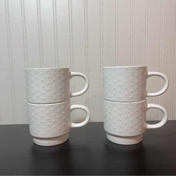Market Finds White Hobnail Stacking Mugs Set of 4 with Black Metal Storage Stand - Picture 6 of 10